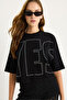 Women's Black Crew Neck Stone Printed Basic Casual T-Shirt 60602061 - 4