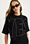 Women's Black Crew Neck Stone Printed Basic Casual T-Shirt 60602061 - 6