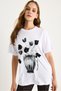 Women's White Crew Neck Short Sleeve Floral Printed Sequin Detailed T-Shirt 60602021 - 5