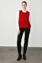 Women's Crew Neck Pocket and Collar Colorful Crochet Wool Sweater Dark Red - 5