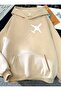 Airplane Printed Hooded Pocket Cotton Beige Sweatshirt