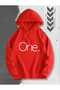 One Printed Hooded Pocket Cotton Red Sweatshirt