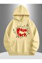 New York Pop Printed Hooded Beige Sweatshirt with Pocket and Wool Inside