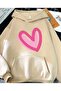Heart Fuchsia Pink Printed Hooded Pocket Cotton Beige Sweatshirt