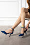 Navy Blue Satin Heeled Shoes - 3