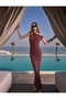 X Melis Ağazat - Sleeveless Slim Fit Draped Accessory Asymmetrical Boat Neck Long Lace Dress
