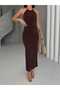 U-Neck Halter Neck Gold Accessory Detail Side Gathered Side Slit Lined Long Dress - 3