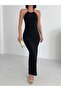 U-Neck Halter Neck Gold Accessory Detail Side Gathered Side Slit Lined Long Dress - 7
