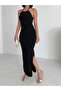 U-Neck Halter Neck Gold Accessory Detail Side Gathered Side Slit Lined Long Dress - 5