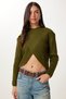 Women's Khaki Cross Detailed Ribbed Knitwear Sweater Dp00269
