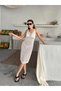 Straps Openwork Pattern V-Neck Midi Length 100% Cotton Women's Knitwear Beach Dress - 2