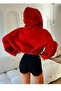 Women's Red Hooded Crop Cardigan Jacket - 2