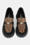 Women's Black Suede Genuine Leather 36-41 Number Leopard Patterned Buckle Loafer Shoes - 4