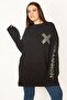 Women's Black Large Size Cotton Fabric Stone Detailed Tunic 65n35776