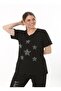 Plus Size Star Patterned Embellished V-Neck T-shirt - 2
