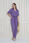 Women's Lilac Buttoned Pocketed Waist Ruched Belt Short Sleeve Jacket Collar Casual Overalls 2622462 - 4