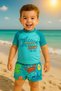 Boy Surfer Fishbone Printed Blue - Yellow White T-shirt Shorts Swimsuit Set Top Diver Bottom Parachute - 2
