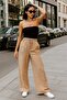 Women's Linen Wide Leg High Waist Brown Rubber Pants - 3