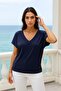 Women's Dark Navy Blue Viscose Front Back V-Neck T-Shirt Bat Sleeve Relaxed Blouse - 4