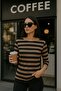 Women's Striped Basic Blouse - Black-Brown 3/4 Sleeve - Casual Comfortable Stylish Combination - New Season Trend - 5