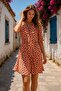 Women's Orange Patterned Double Breasted Collar Summer Mini Dress - Elastic Waist, Short Sleeve Casual Dress - 4