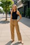 Women's Linen Wide Leg High Waist Brown Rubber Pants - 2