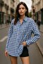 Women's Blue White Oversize Plaid Shirt over Fit Relaxed Shirt - 5