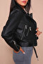 Women's Black Belted Leather Jacket - 5