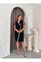 Women's Plus Size Double Breasted Collar Tulle Sleeve Midi Length Stretchy Evening Dress with Glitter Stripe 24085 Black - 2
