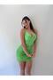 Green Shiny Sand Drawstring Back Low-Cut Mini Dress - 2
