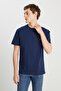 100% Cotton Relaxed Fit Wide Cut Crew Neck Minimal Logo Navy Blue T-Shirt - 4