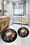 Digital Washable Flower Pattern Round Bath Mat Set of 2 Toilet Seat Covers
