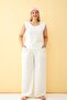 Women's Ecru Linen Jacquard Plus Size Bottom Top Set - 4