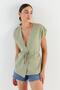 Linen Vest Blouse with Tie Front Khaki - 2