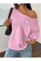 Women's Off Shoulder Boat Neck Mini Ribbon Printed T-Shirt