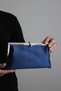 Women's Navy Blue Satin Metal Framed Edge Stone Detailed Chain Evening Dress Clutch Bag