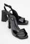 Black Patent Leather Thick Heeled Ankle Buckle Women's Sandals