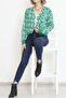 Women Oversize Letter Printed Button V-Neck Woolen Pique Cardigan Green - 3