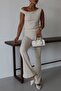 Women's Beige Shoulder Detailed Thick Strap Blouse Slit Detailed Trousers Set - 5