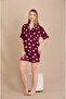 Satin Women's Set with Shirt Collar, Short Sleeves and Heart Pattern Shorts