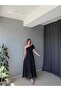 Women's Black Drape Shoulder Tulle Detailed Patterned Dress - 3