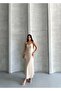 Beige Lightweight Flowy Summer Long Dress with Adjustable Straps and Stone Detail and Elastic Back - 148
