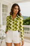 Women's Green Satin Zigzag Patterned Slim Fit Trend Shirt with Hidden Button Detail - 7
