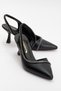 Women's Stone Heeled Shoes; Black Leather