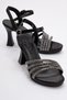 Women's Piping Stone Heeled Sandals Black Satin
