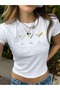 Women's White 3 Goblet Printed Crew Neck Tight Crop Tshirt