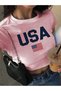 Women's Pink Usa Flag Printed Crew Neck Tight Crop Tshirt - 2