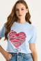Women's Baby Blue Cotton Short Sleeve Crew Neck Heart Embroidered T-Shirt 60602028