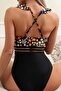 Black Floral Patterned Ruffle One Piece Swimsuit - 4