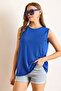 Women's Cobalt Blue Crew Neck Long Sleeveless Knitted Viscose Blouse Blz-19002934 - 3